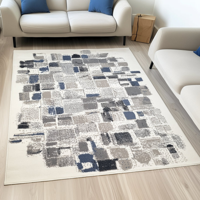Abstract Rug Canvas Design Woven Cream Grey Blue, Rectangle 120 x 170 cm
