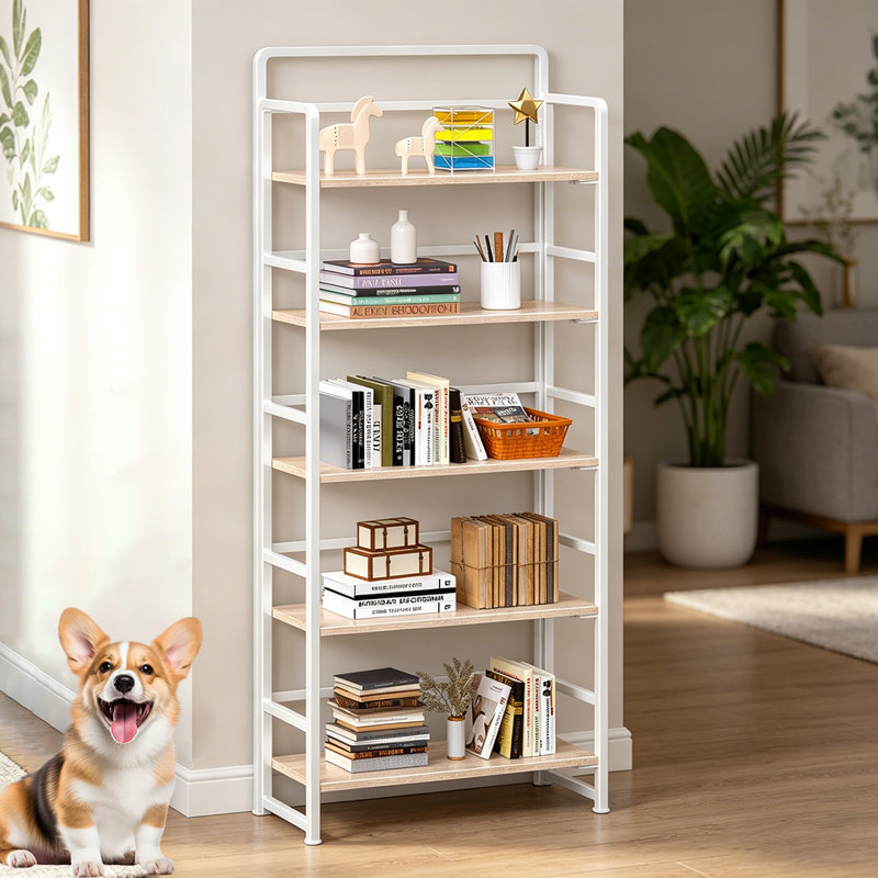 Bibliothèque pliante, étagères de rangement rétro à 5 niveaux pour bureau personnel, sans assemblage, Naturel / Blanc