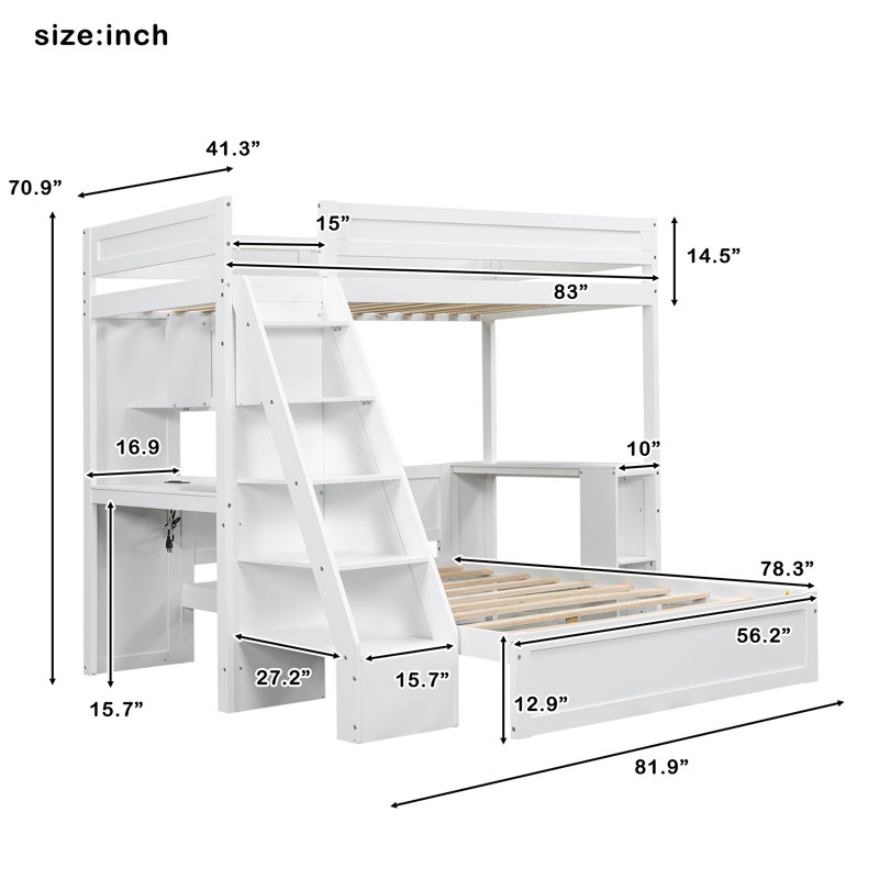  Twin XL Over Full Bunk Bed with Built-In Desk, USB Port and Shelves, White, White