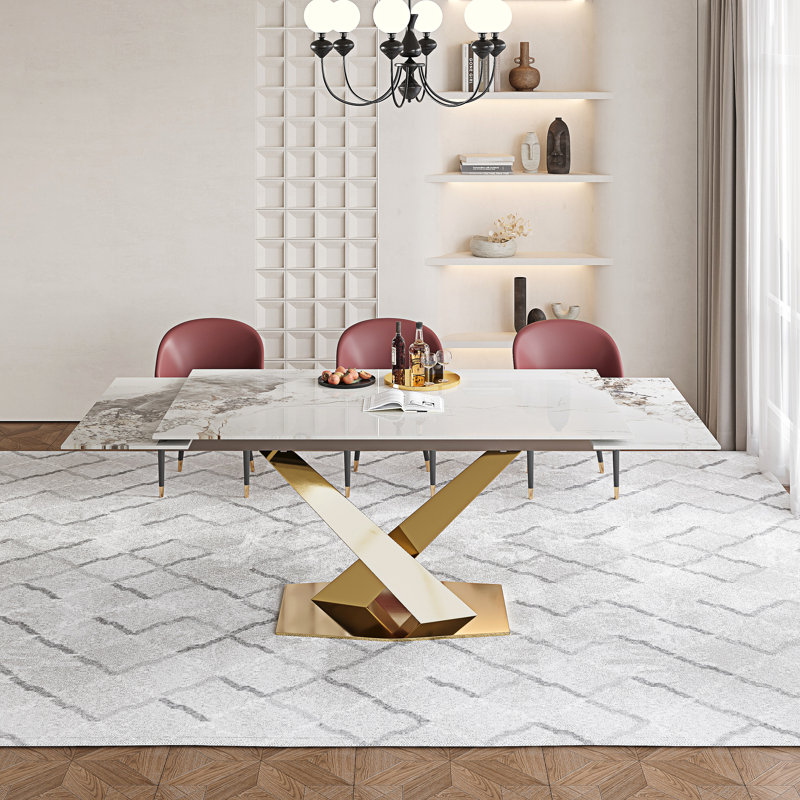63" To 94.5" Extendable Dining Table For 8-10 With Rectangular Sintered Stone Dining Top And Steel Base, Chanel, Gold