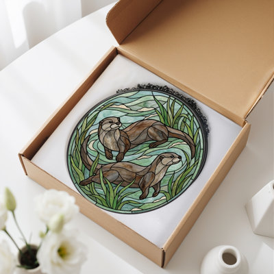 Otter Scene Stained Glass Window Panel，7.8H