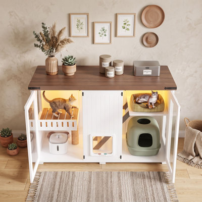 Enceinte de litière pour chat avec lumière DEL, panneau de visualisation en acrylique, escalier et poteau à griffes