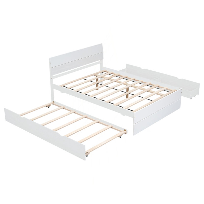 Cadre de lit double moderne avec lit gigogne simple et 2 tiroirs pour blanc brillant et blanc délavé