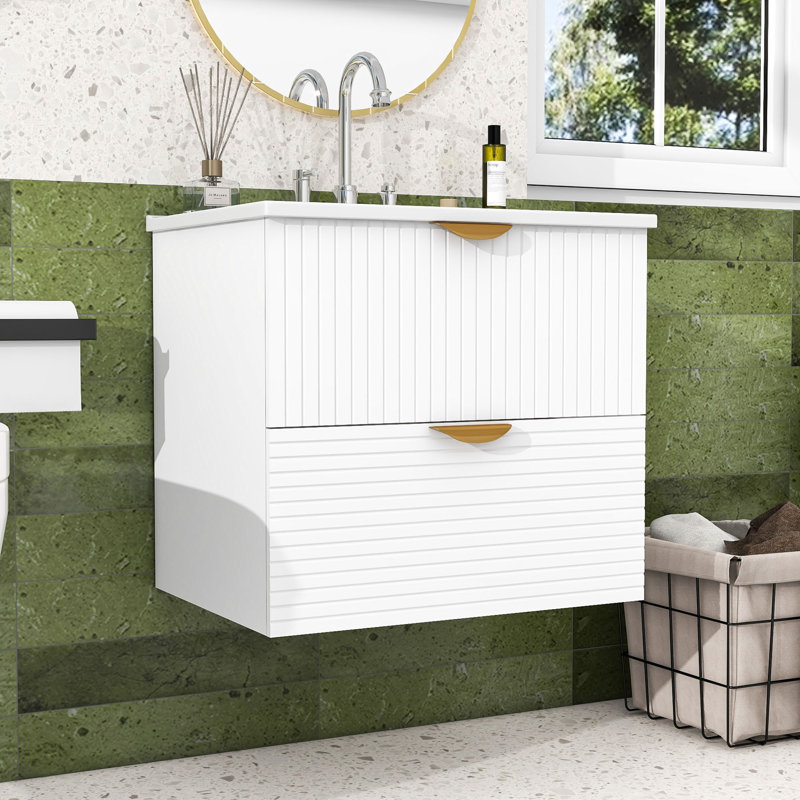 Meuble-lavabo mural 24 po avec poignées dorées et 2 tiroirs, Blanc