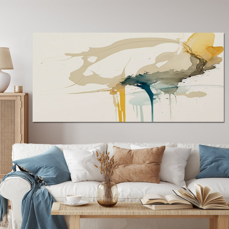 «Mustard Yellow Secrets VI», art mural abstrait à l'encre liquide, H 28 po x l 60 po