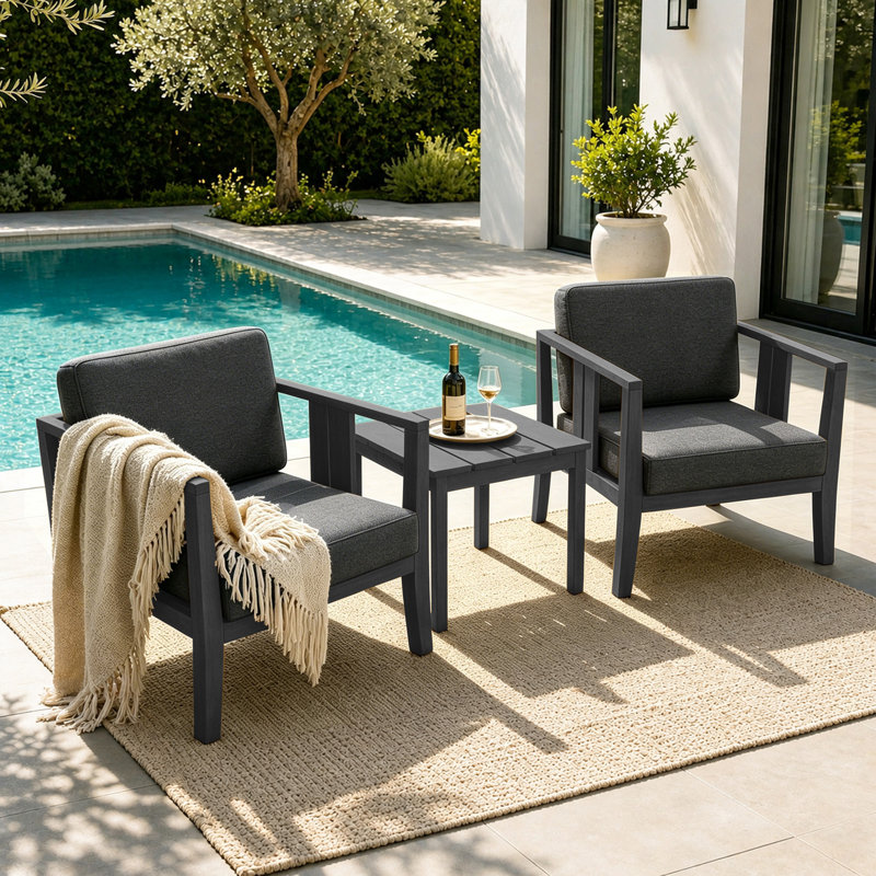 Ensemble de patio d'extérieur pour deux personnes en teck Junco avec coussins et table d'appoint, Gris foncé, Noir