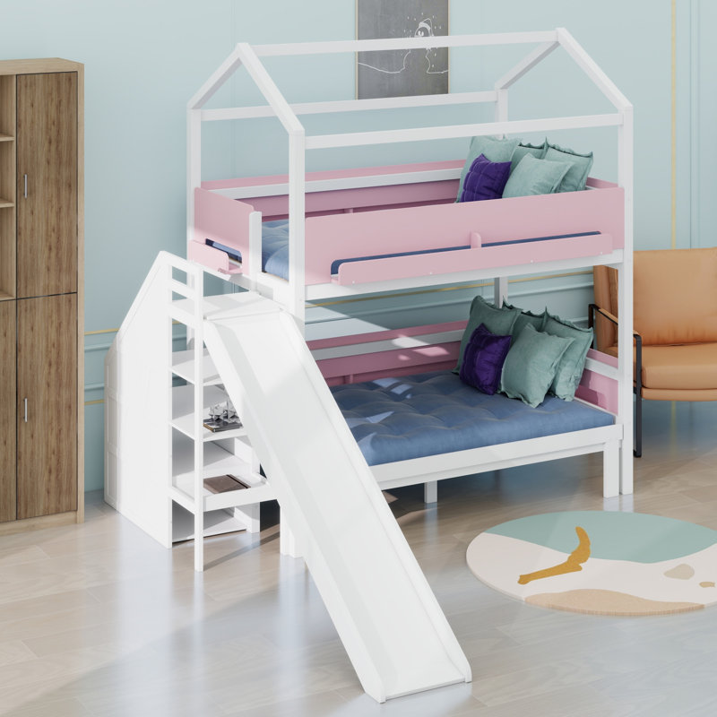 House-Shaped  Bunk Bed with Slide and Storage Staircase, White+Pink