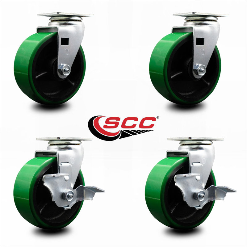 Poly on Cast Iron Swivel Caster Set with Ball Bearings 2 Brakes_20S520-PUB-2-TLB-2, Green