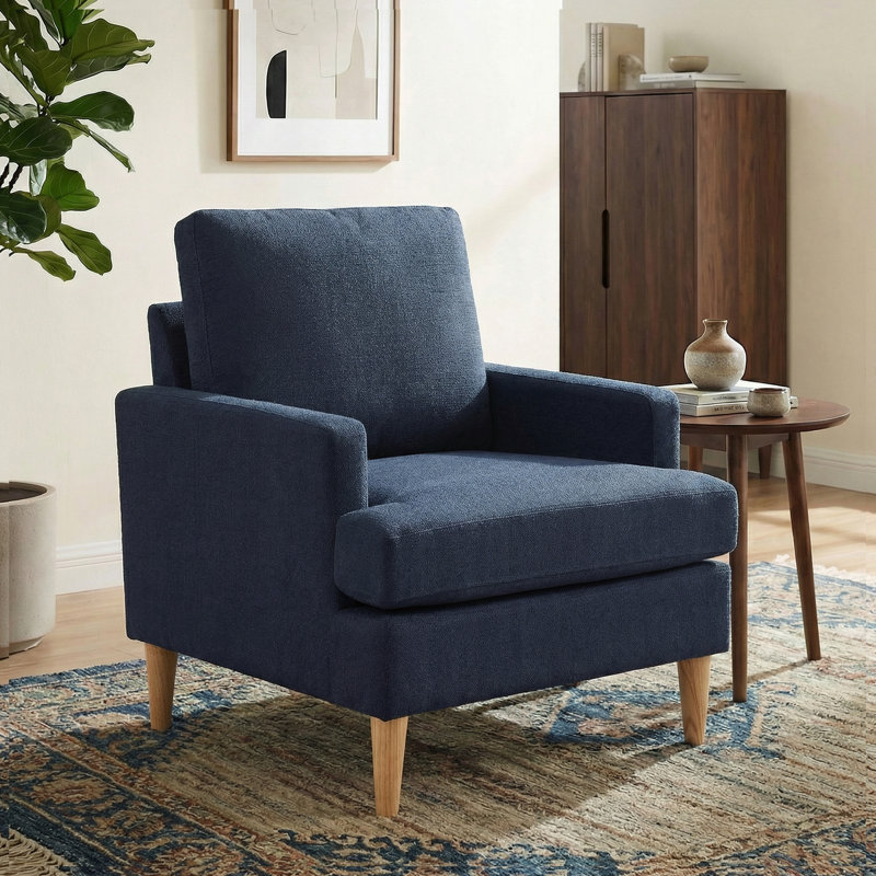 Accent Chair With Solid Wood Legs, Blue Fabric