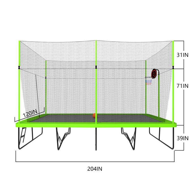 10x17FT Rectangular Trampoline with Basketball Hoop & Advanced Ladder - Green/Black