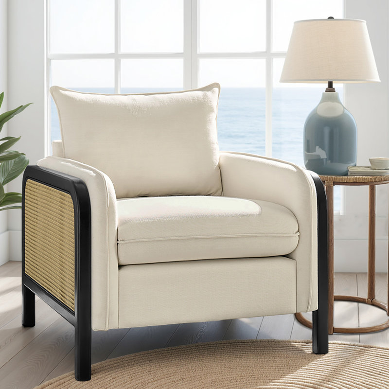 Claria Coastal 32.75" Solid Wood Upholstered Armchair With Woven Rattan Arms, Natural