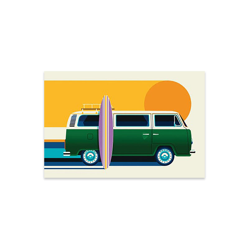 Autobus de camping vert rétro avec imprimé soleil et planche de surf sur verre acrylique, H 16 po x l 24 po x P 0,25 po