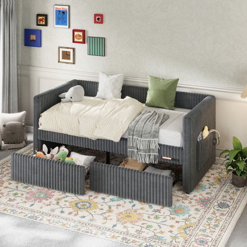 Lit de jour rembourré avec côtés gardés, base de lit plateforme avec support à lattes et veilleuse intégrée, gris, Gris