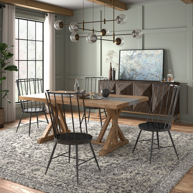 Durga Rustic Pine Frame Concrete Veneer Top Dining Table And Windsor Chairs Set - Stripe Concrete Veneer Top Table And 4 Chairs
