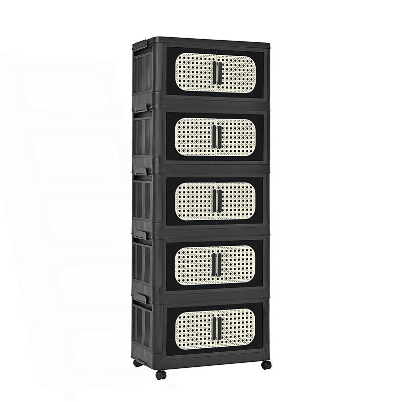 5 Tiers Folding Storage Cabinet, Collapsible Storage Bins With Magnetic Door, Living Room Cabinet, Black
