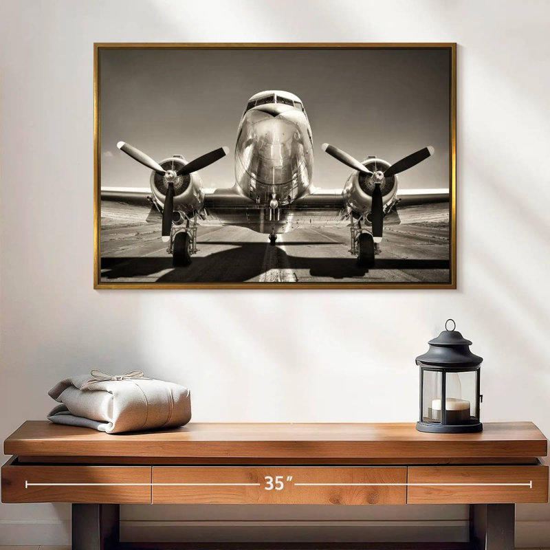 Avion rétro noir et blanc, 25 po x 17 po, Cadre flottant doré