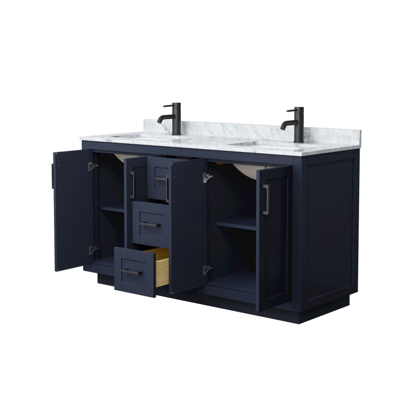 Ensemble de meuble-lavabo double 60 po avec plateau en marbre Miranda, Bleu foncé, Noir mat