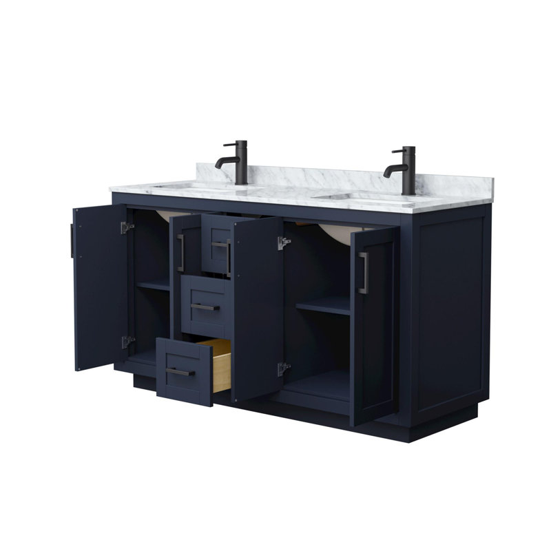 Miranda 60" Freestanding Double Bathroom Vanity with Marble Top, Matte Black, Dark Blue