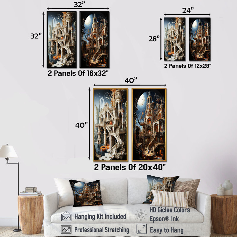 Schéma d'un château, ensemble d'art mural sur toile 2 châteaux, H 28 po x l 25 po, Cadre flottant noir