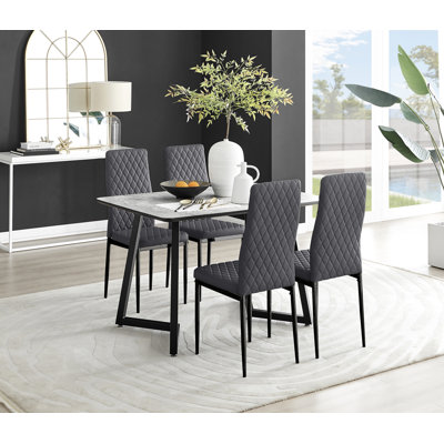 Benia White & Grey Marble Effect Dining Table Set with x4 Luxury Velvet Upholstered Dining Chairs