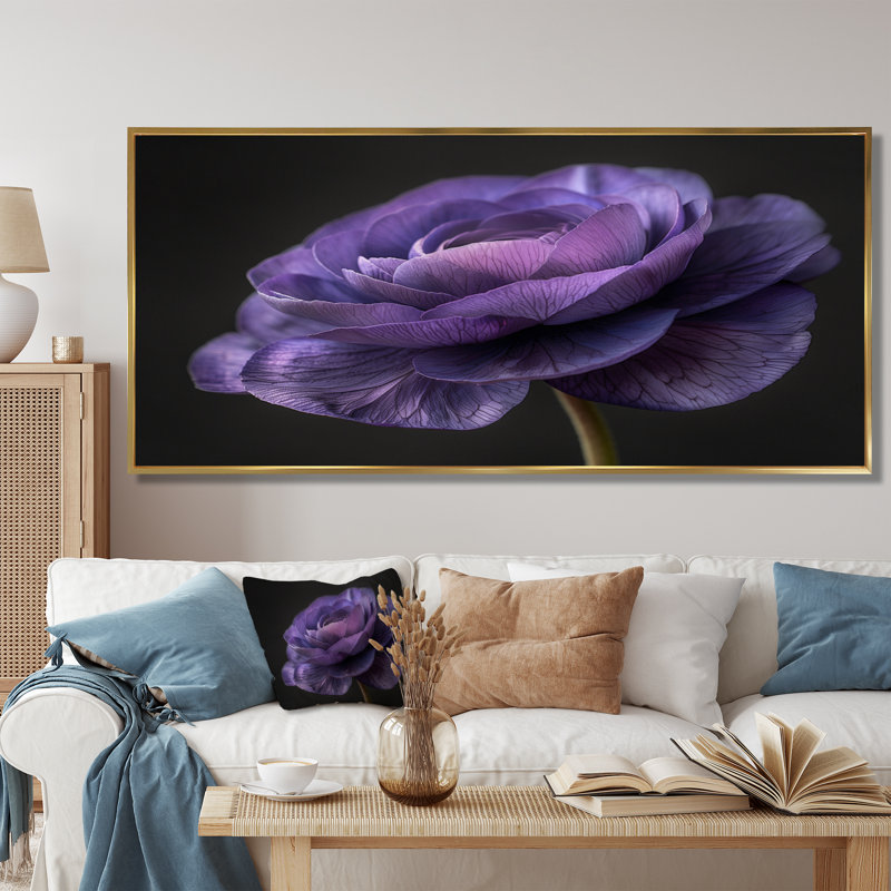 Reproduction d'art mural noir et mauve Nature Nuance I - Renoncule, Cadre flottant doré, H 28 po x l 60 po