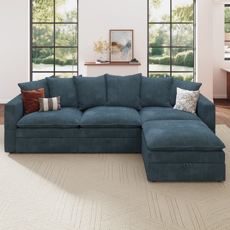 L-Shaped Corduroy Modular Sectional with Storage, Blue Corduroy