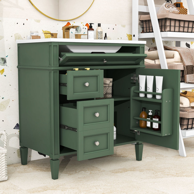 Contemporary Freestanding Single Bathroom Vanity Cabinet with Ceramic Sink and Ample Storage, Green