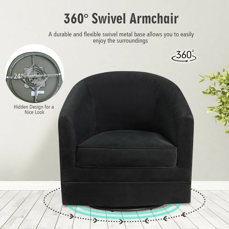 Black Velvet Swivel Barrel Accent Chair with Manufactured Wood Frame