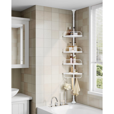 4-Tier Shower Caddy, 33.5-120.1 Inches Height Adjustable Corner Bathroom Shelf, Shower Organizer, Steel, With 4 Shelves, 3 Hooks, 1 Towel Bar