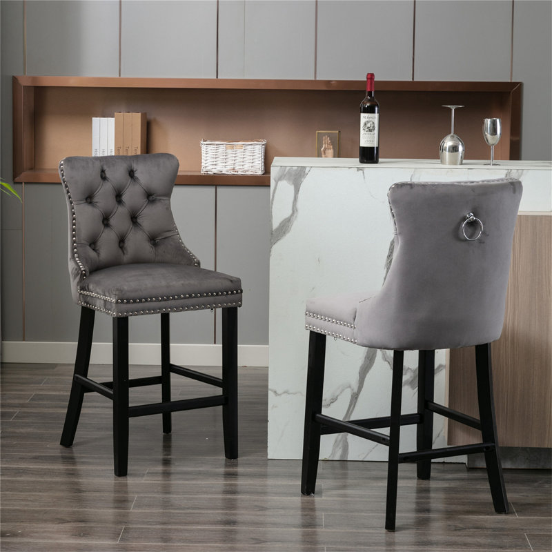 Original Product Name: Contemporary Velvet Upholstered Barstools With Button Tufted Decoration And Wooden Legs, Gray, Black