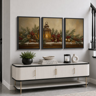 Décoration murale de Noël avec lanternes et branches de pin, tableau pour le salon, impression giclée sur toile encadrée en 3 parties - 3 pièces de 40,6 x 61 cm et 3 pièces de 61 x 91,4 cm