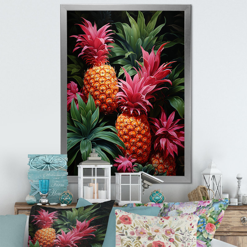 Impression rustique ananas rose I - Ananas, art mural, Cadre simple argenté, H 20 po x l 12 po x P 1 po