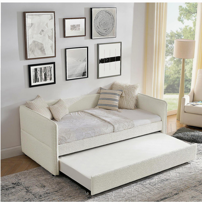 Daybed with Trundle Upholstered Tufted Sofa Bed, Twin Size, Boucle Fabric, Beige (83"x43"x29.5"), Twin