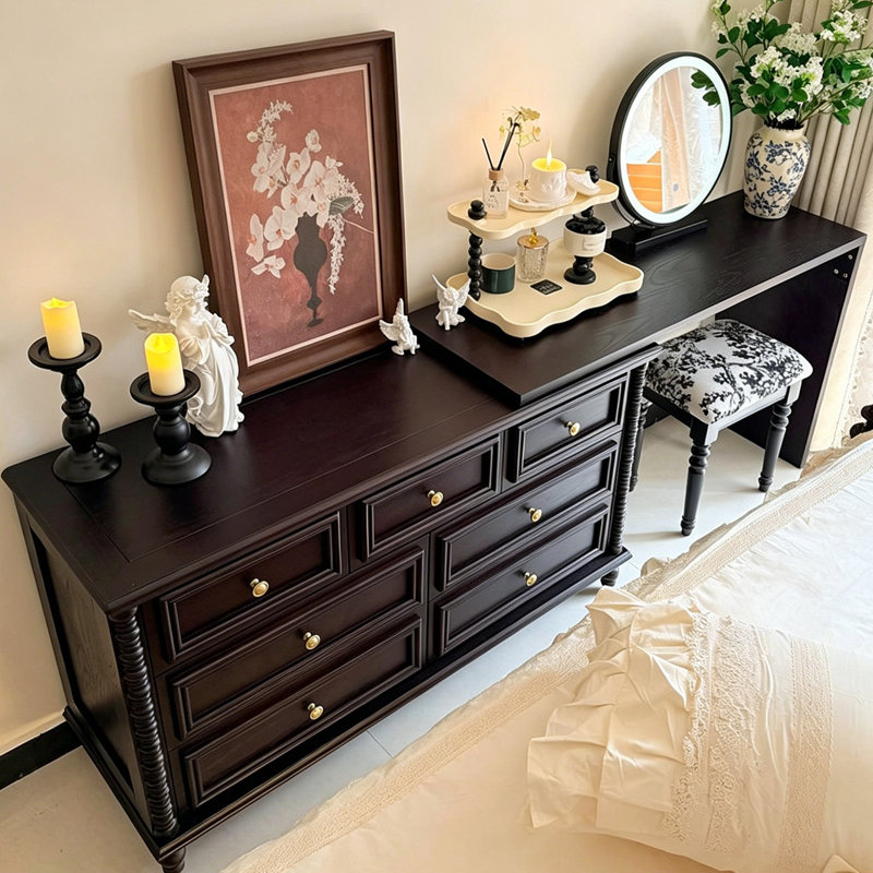 47.24"Black solid wood dressing table with mirror