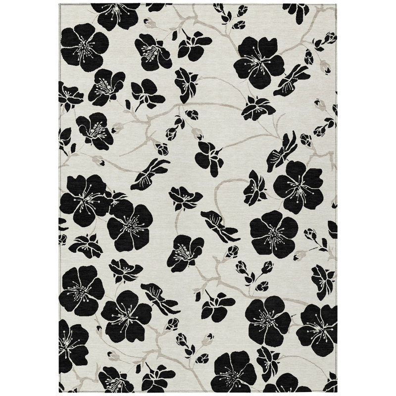 Tapis extérieur lavable floral ivoire et noir 9 pi x 12 pi