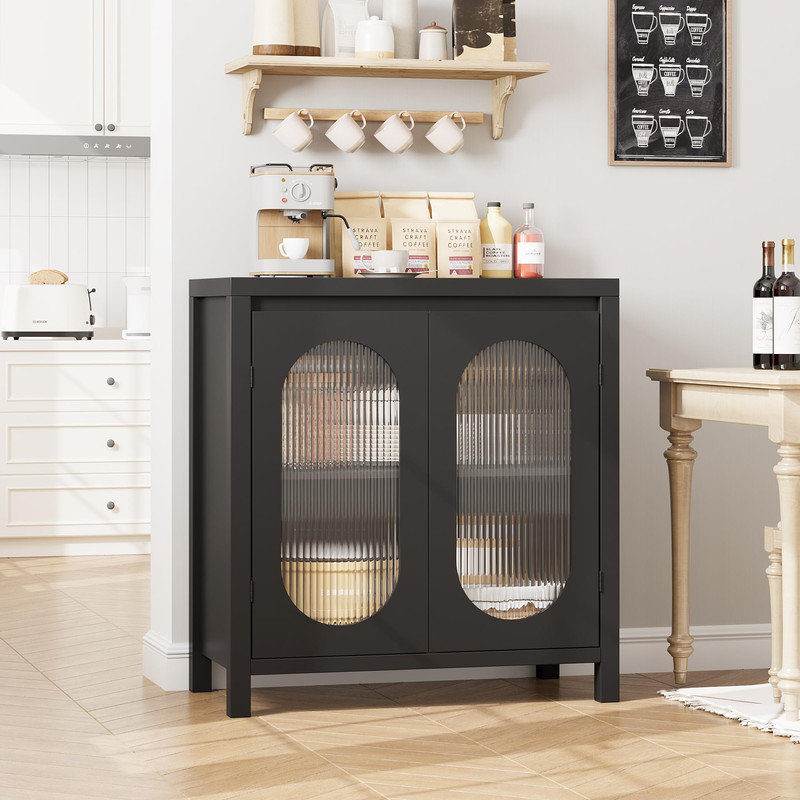 Buffet 32 po moderne avec portes en verre et tablettes réglables - rangement décoratif noir pour le salon, la salle à manger, le vestibule | Conception cannelée, panneau de fibres à densité moyenne robuste