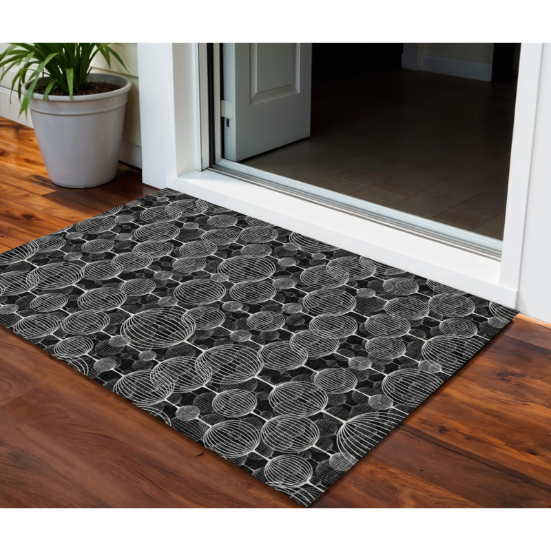3' X 5' Black Charcoal And Ivory Geometric Washable Indoor Outdoor Area Rug