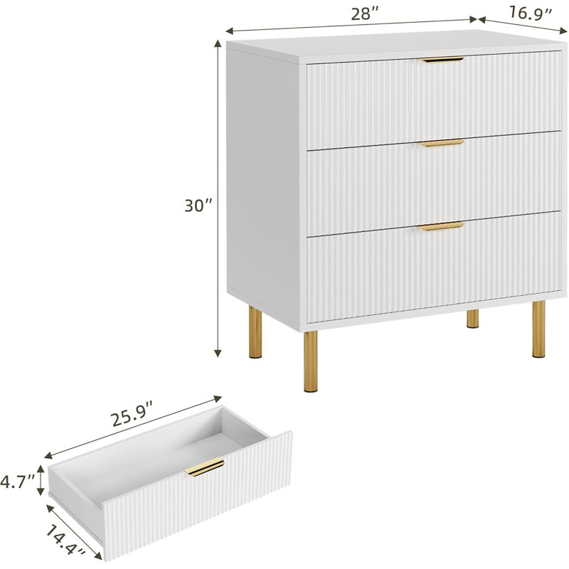 Commode 3 tiroirs pour chambre à coucher, avec poignées en métal doré, Blanc