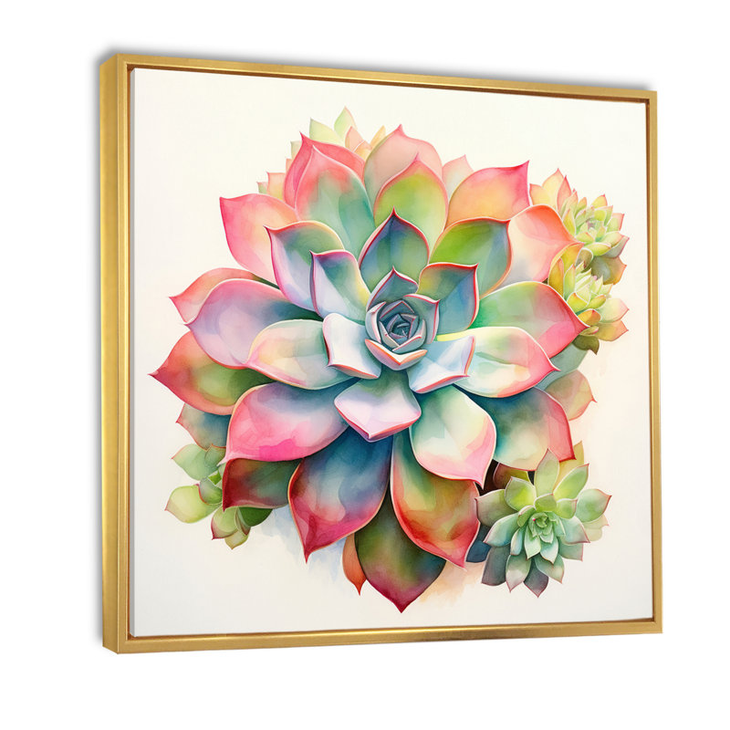 «Blossoming Succulent Tender Retro Blue and Pink I» sur toile, H 36 po x l 36 po, Cadre flottant doré