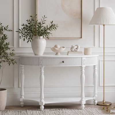 Console demi-lune en bois massif avec tiroir et tablette, table d'entrée incurvée cannelée rétro pour vestibule de salon de couloir, table de canapé à espace étroit avec pieds romains sculptés