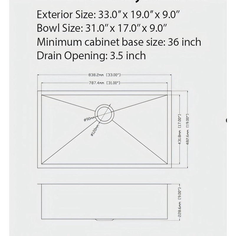 33"X19"X9" Gunmetal Black Undermount  Kitchen Sink 16 Gauge Single Bowl With Drain Assembly