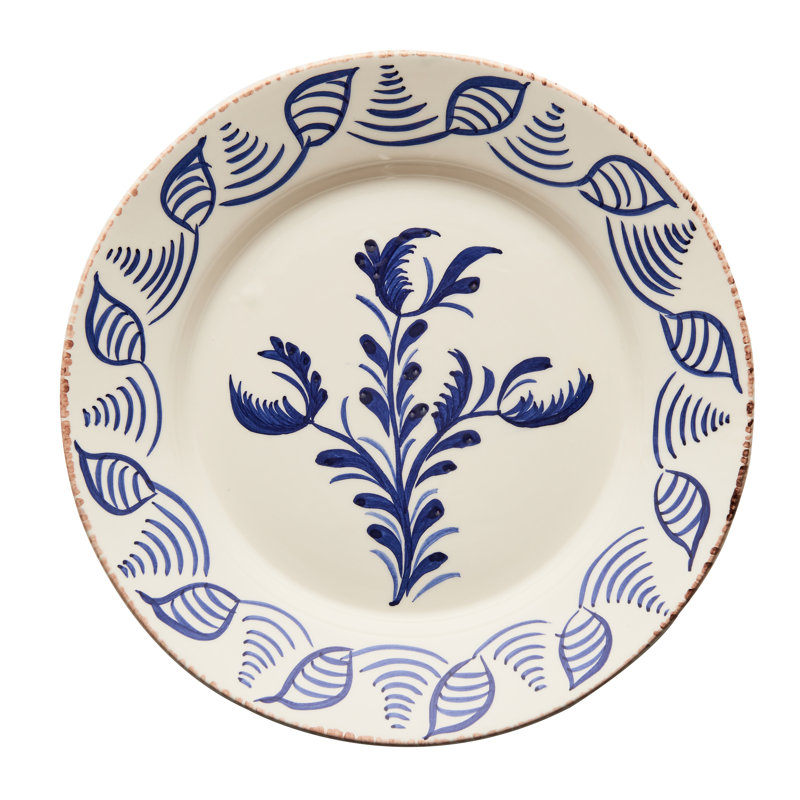 Assiette plate Casa Nuno, bleu et blanc, 3 fleurs / coquillages, ensemble de 2