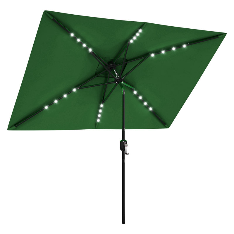 Parasol de marché solaire 10 pi x 6,5 pi à DEL avec manivelle et inclinaison bidirectionnelle, vert, Vert