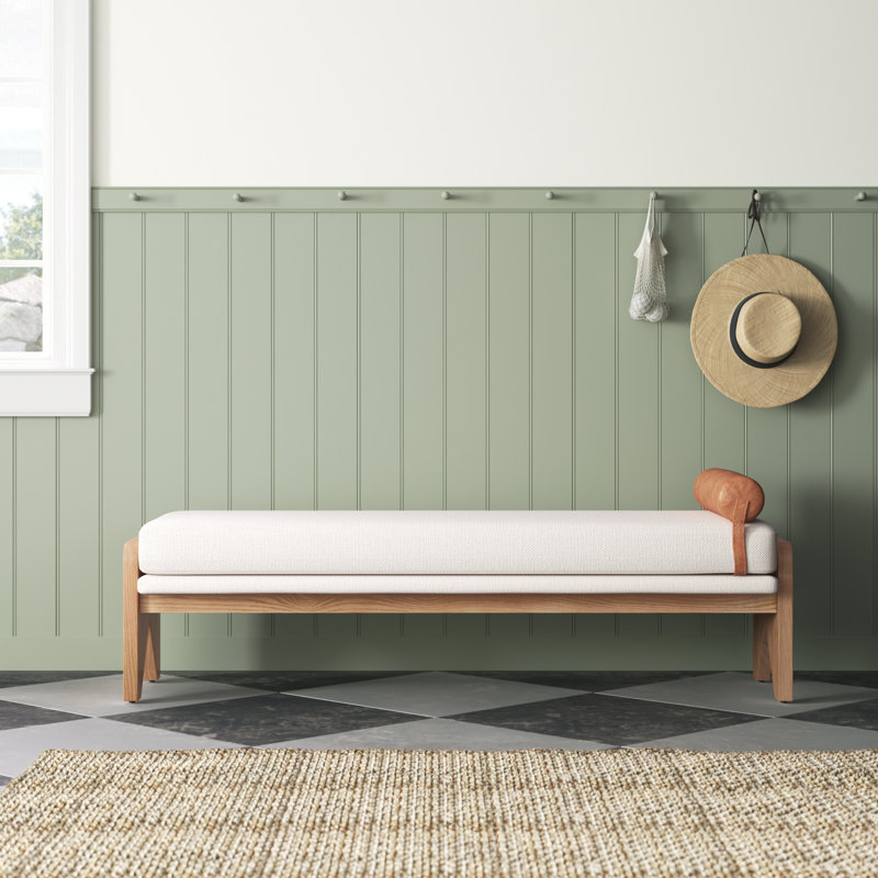 White Upholstered Bench with Ash Base and Leather Bolster