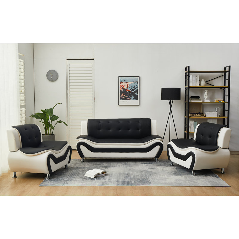Ensemble de salon en faux cuir Monténégro, Similicuir noir / blanc