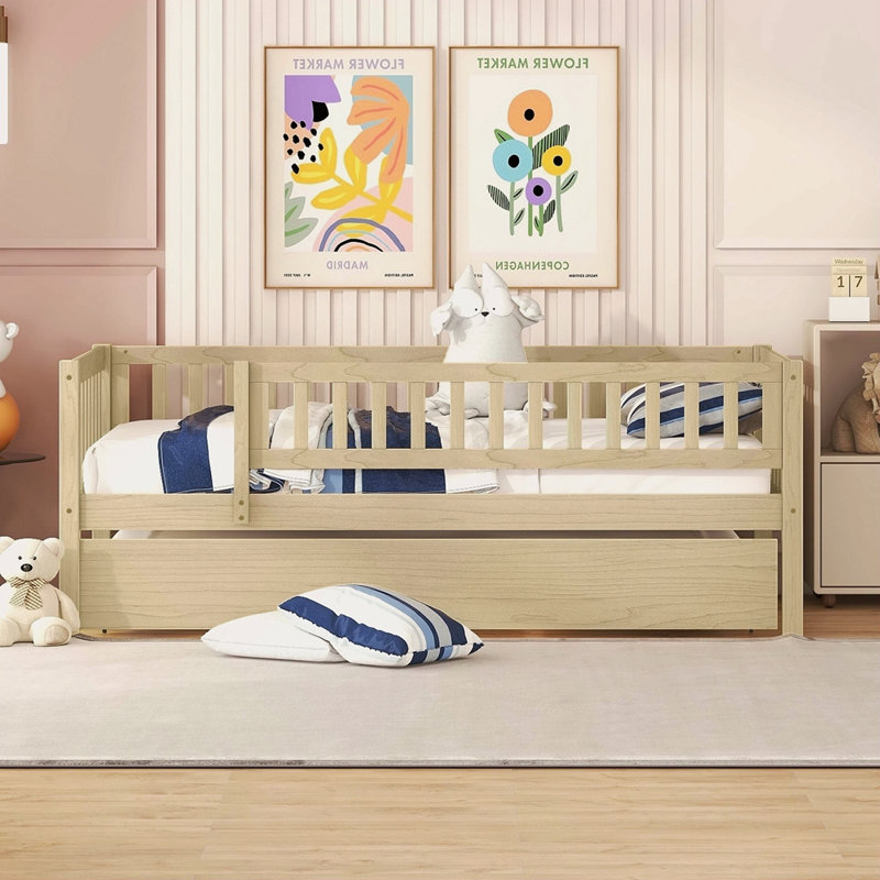 Lit de jour simple en bois avec couchette et garde-corps, Naturel