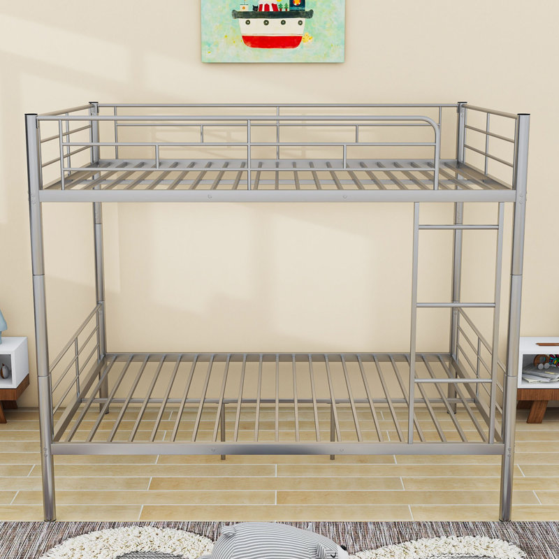 Full Over Full Metal Bunk Bed With Center Legs, Splitable Into 2 Beds, Silver