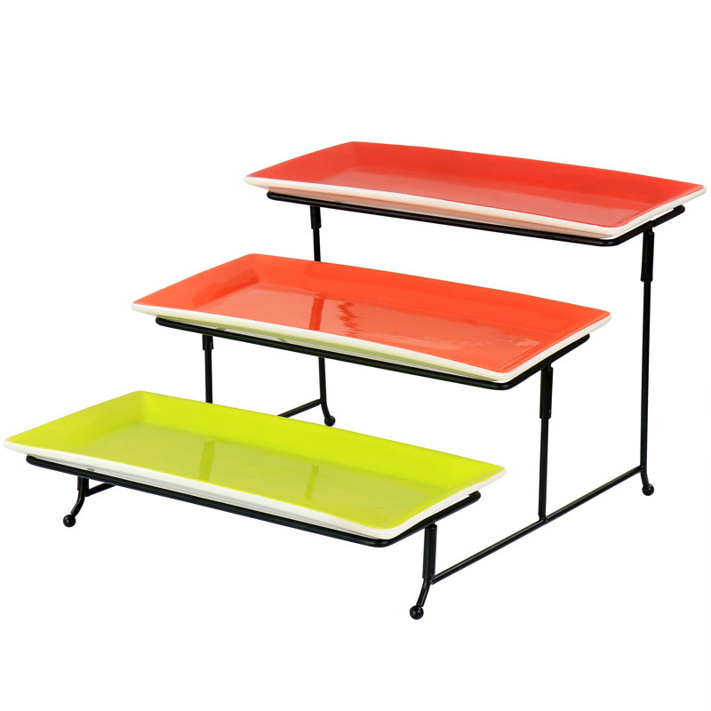 Latitude Run® Crenshaw Hand Painted Stoneware 3-Tier Serving Set With Metal Rack In Multicolor