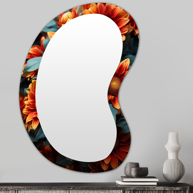 Fleurs de tournesol rouges et jaunes - tournesols en métal - miroir mural traditionnel irrégulier, 31 po x 22 po