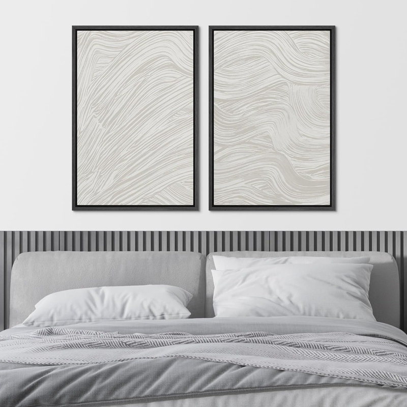 «Grey Stroke Waves», décor neutre minimaliste abstrait, reproduction d'art encadrée 2 pièces - sans texture, Noir